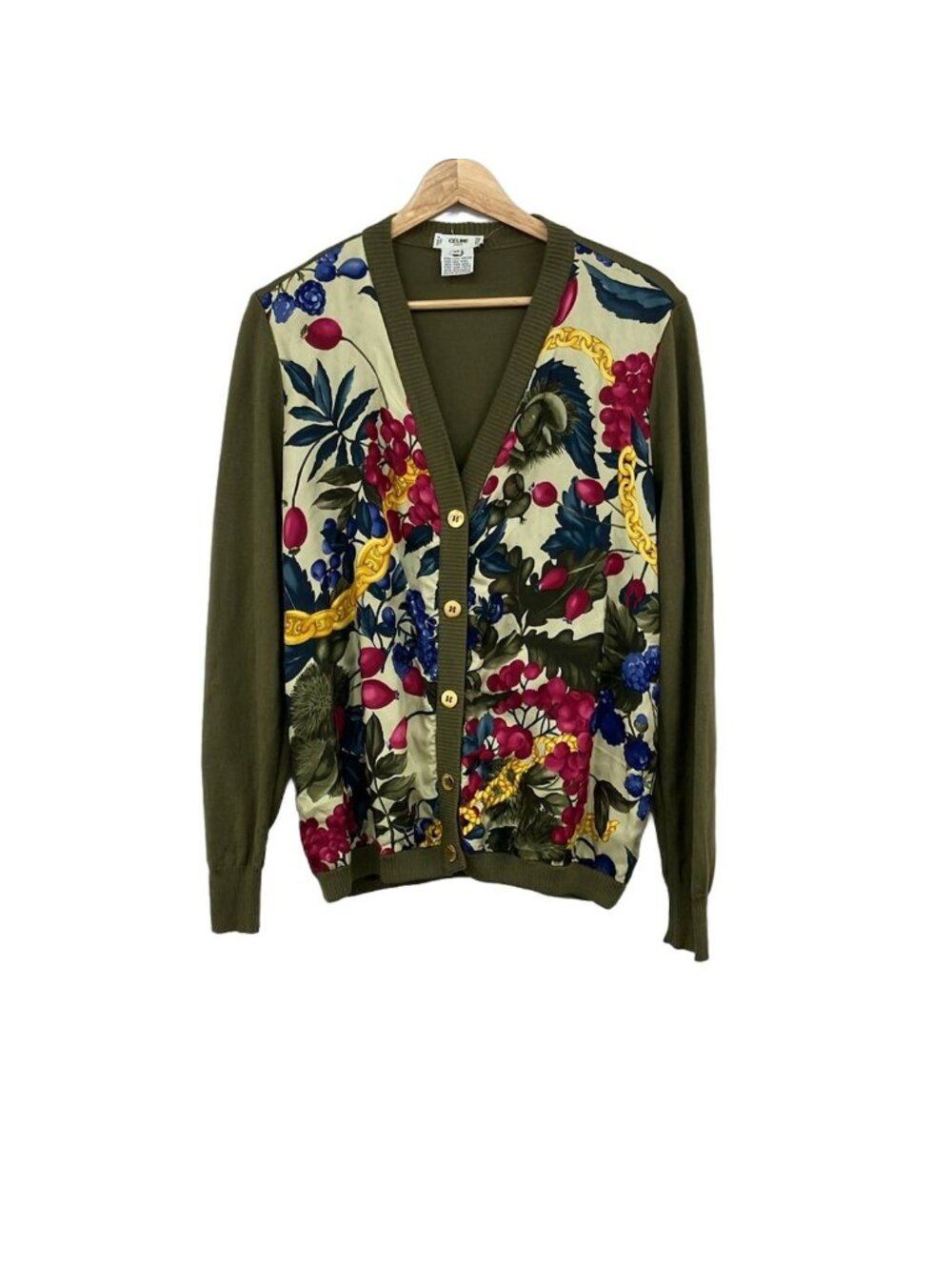 Celine Cardigan L Khaki Pink Multi Long Sleeve Floral Pattern